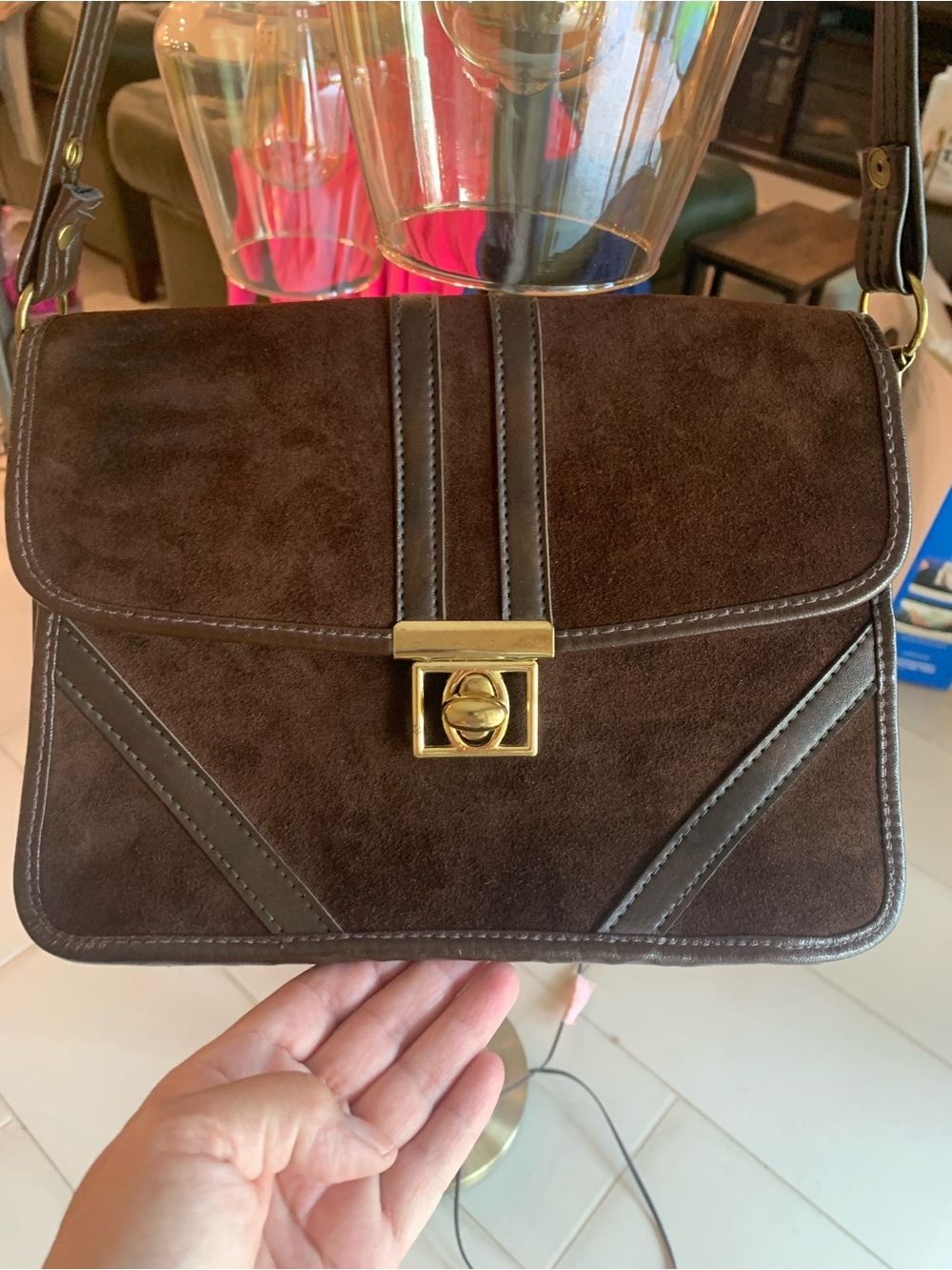 NWT Structured Brown Suede Crossbody Bag with Gold Turn-Lock